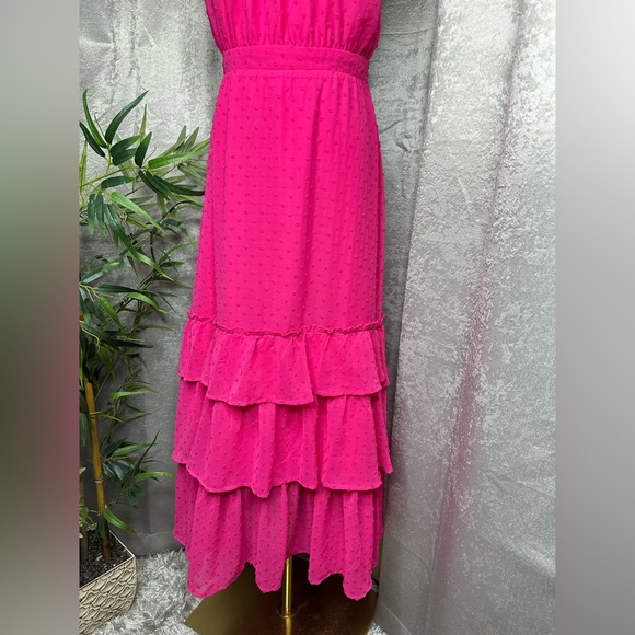 Lulus Tiers and Applause Hot Pink Swiss Dot Tie-Back Tiered Midi Dress Sz S - Picture 7 of 13